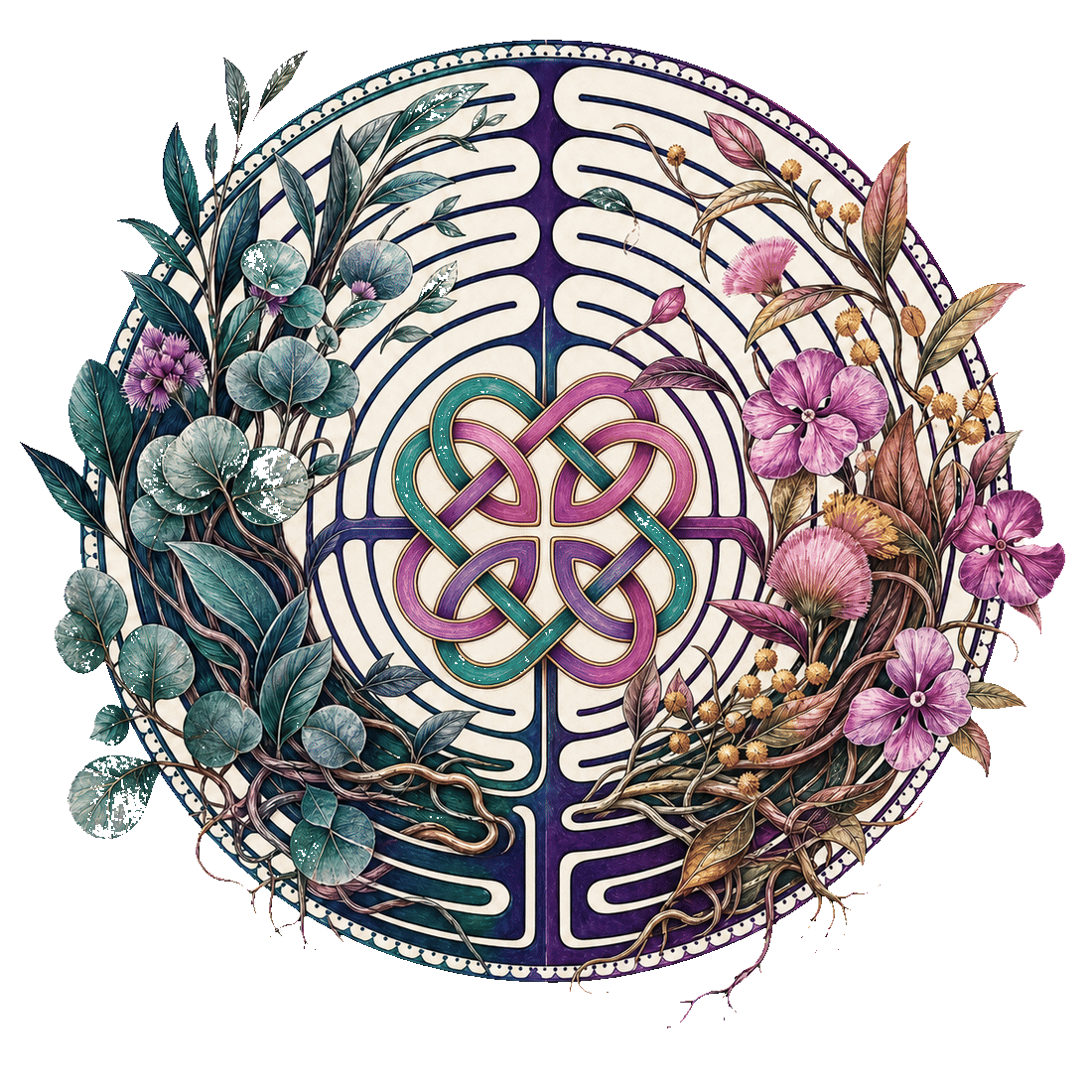 The Anam Cara heart-knot labyrinth: a Celtic heart knot woven in teal, violet and pink at the centre of a circular labyrinth, wreathed in eucalyptus leaves and native flowers