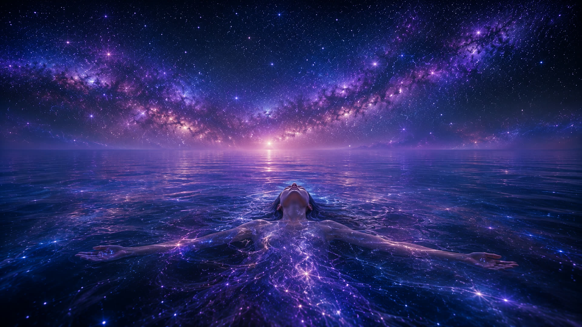 A woman floating on her back in a luminous sea beneath a river of stars