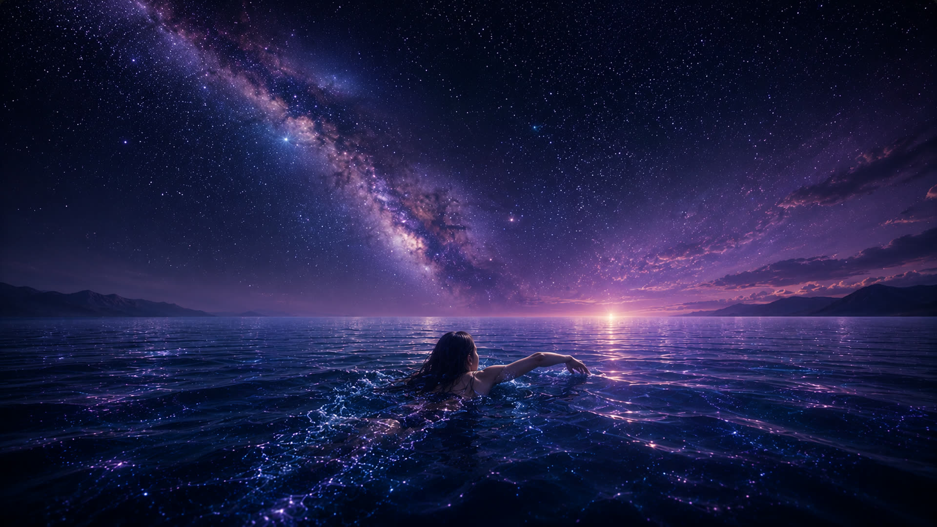 A woman swimming through a starlit ocean beneath the Milky Way