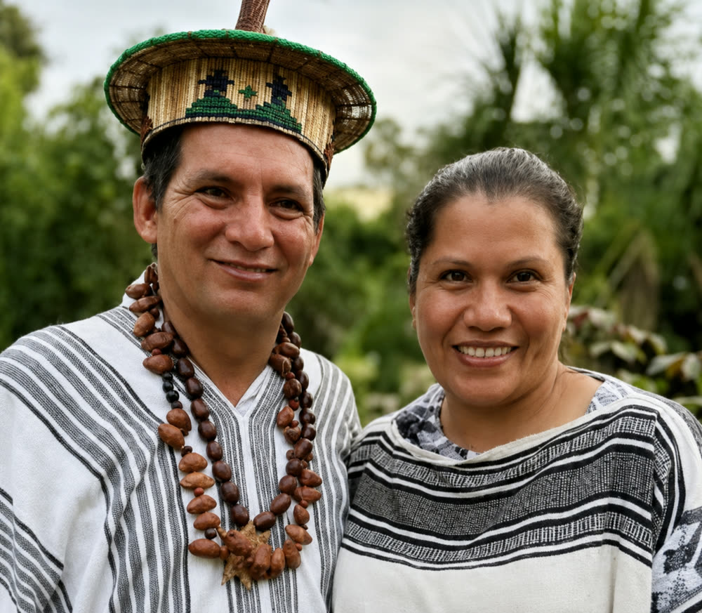 Two First Nations curanderos of the Ashaninka lineage, smiling together in the Peruvian Amazon